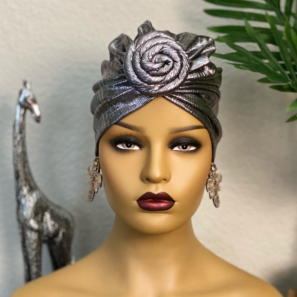 SILVER METALLIC Pre-Tied Turban | Stretchy GLAM